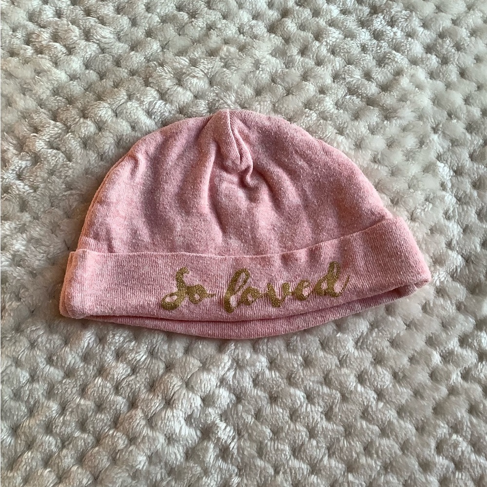 Pink With Gold Writing So Loved Baby Hat